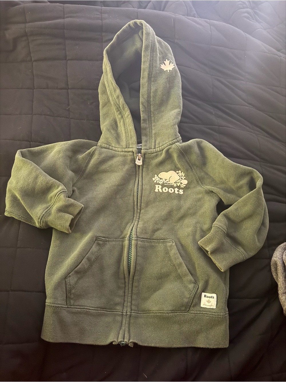 Roots Kids Olive Green Full-Zip Hoodie with Maple Logo